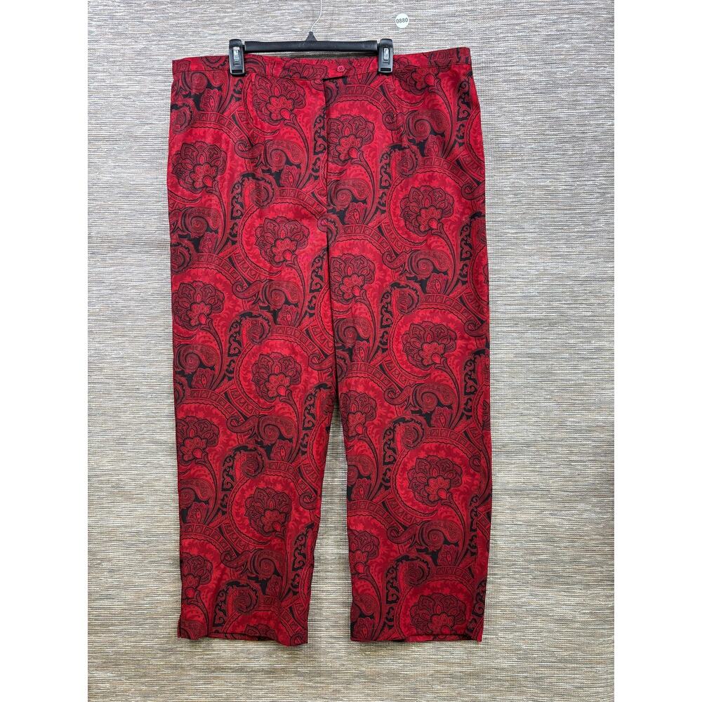 Notations Dress Pants Womens 3X Red Paisley Satin Pull On Elastic Waist Stretch